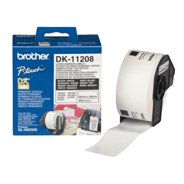 Brother Original DK11208 38 x 90 mm, 400 stk. Sort tekst / Hvid tape