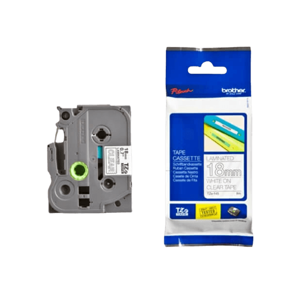 Brother Original TZe145 18 mm x 8 m Hvid tekst / Klar tape