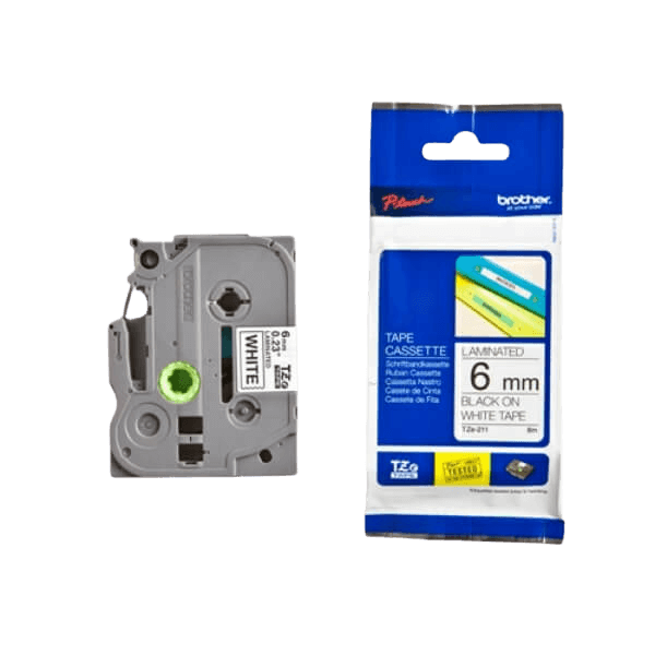 Brother Original TZe211 6 mm x 8 m Sort tekst / Hvid tape