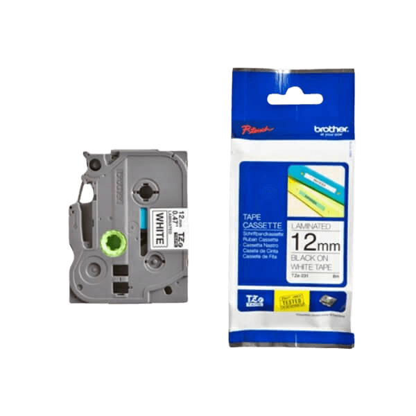 Brother Original TZe231 12 mm x 8 m Sort tekst / Hvid tape