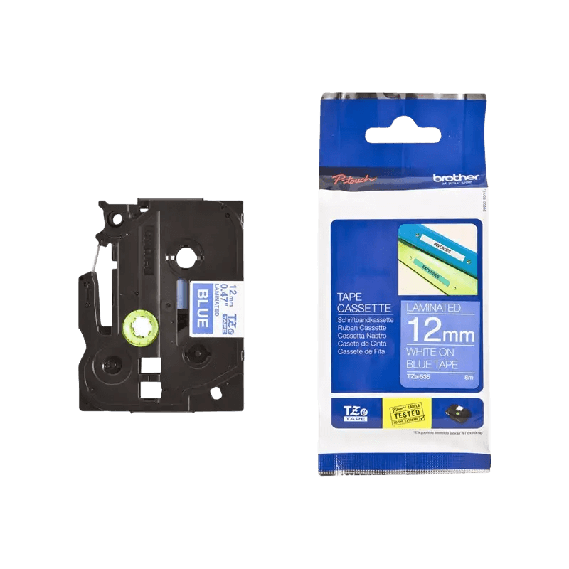 PixoJet Brother TZe233 12 mm x 8 m Blå tekst / Hvid tape
