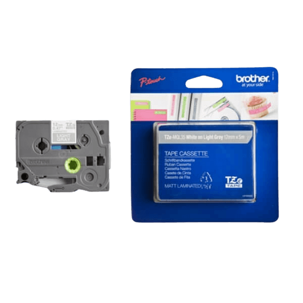 Brother Original TZEMQL35 12 mm x 5 m Hvid tekst / Lysegrå tape