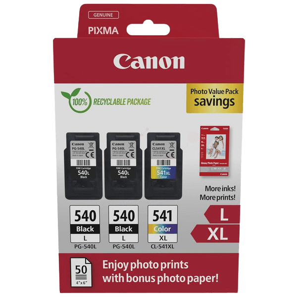Canon Original 2x PG-540L + CL-541XL + Papir 5224B015 CMYK rabatpakke | Indhold: 2x 11 + 15 ml.