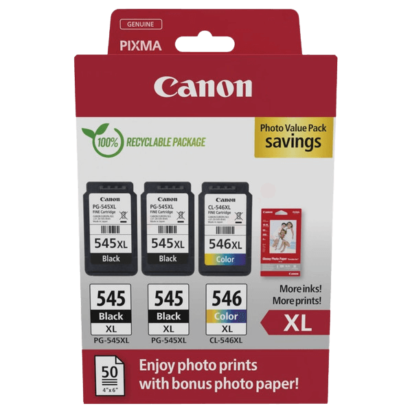 Canon Original 2x PG-545XL + CL-546XL + Papir 8286B015 CMYK rabatpakke | Indhold: 2x 15 + 13 ml.