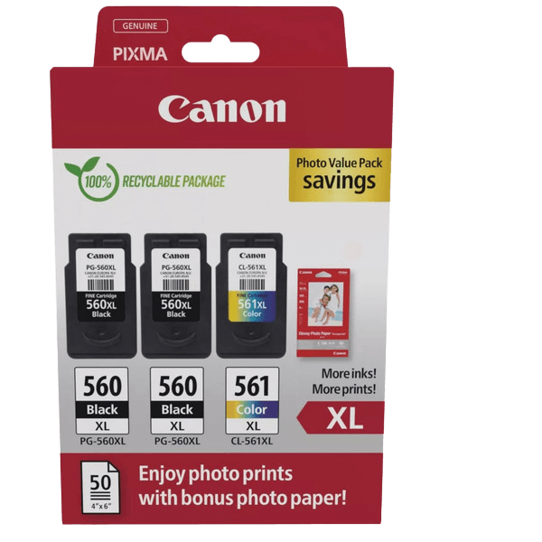 Canon Original 2x PG-560XL + CL-561XL + Papir 3712C012 CMYK rabatpakke | Indhold: 2x 14,3 + 12,2 ml.