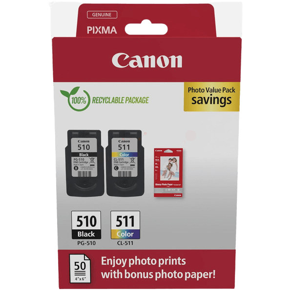 Canon Original PG-510 + CL-511 + Papir 2970B017 CMYK rabatpakke | Indhold: 9 + 9 ml.