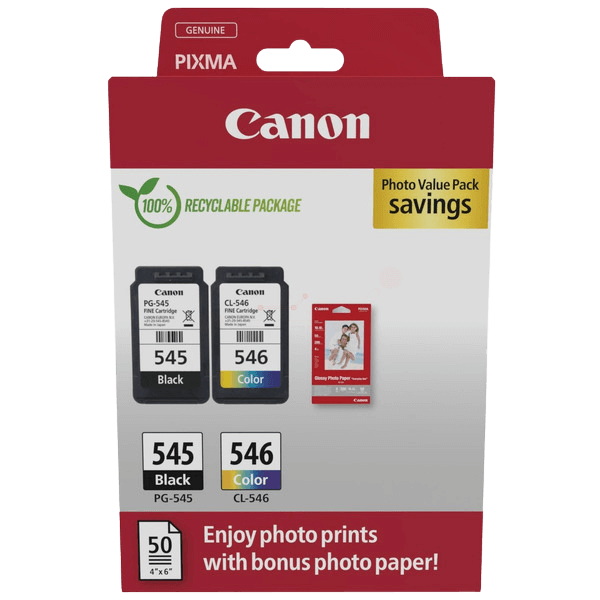 Canon Original PG-545 + CL-546 + Papir 8287B008 CMYK rabatpakke | Indhold: 8 + 8 ml.