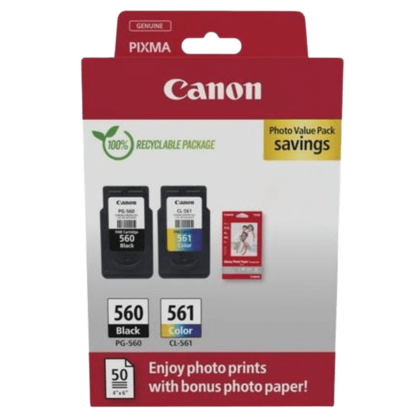 Canon Original PG-560 + CL-561 + Papir 3713C008 CMYK rabatpakke | Indhold: 7,5 + 8,3 ml.