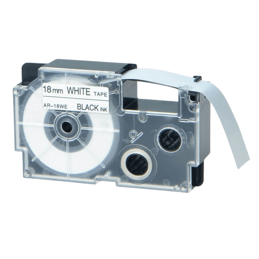 PixoJet Casio XR-18WE 1 18 mm x 8 m Sort tekst / Hvid tape