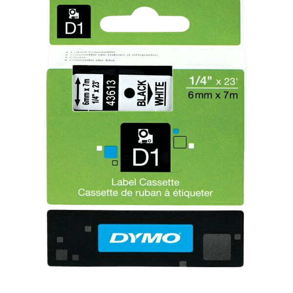 Dymo Original D1 43613 S0720780 6 mm x 7 m Sort tekst / Hvid tape