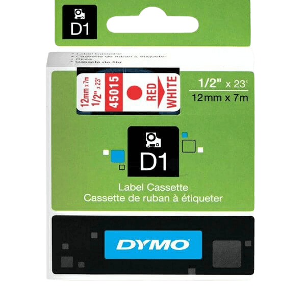 Dymo Original D1 45015 S0720550 12 mm x 7 m Rød tekst / Hvid tape