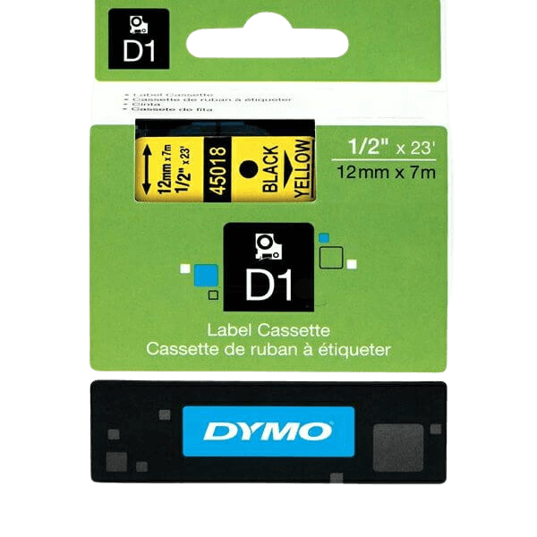Dymo Original D1 45018 S0720580 12 mm x 7 m Sort tekst / Gul tape