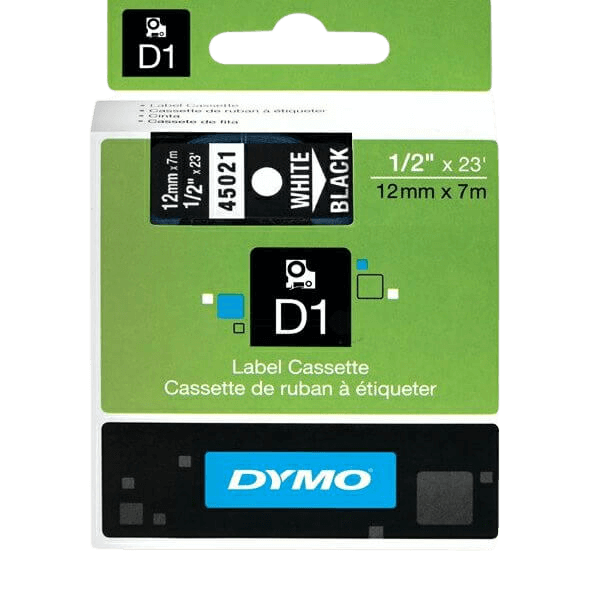 Dymo Original D1 45021 S0720610 12 mm x 7 m Hvid tekst / Sort tape