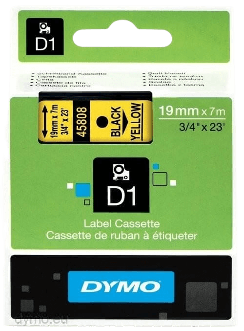 PixoJet Dymo S0720880 45808 19 mm x 7 m Sort tekst / Gul tape