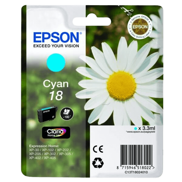 Epson Original 18 C13T18024012 cyan blækpatron | Indhold: 3,3 ml.