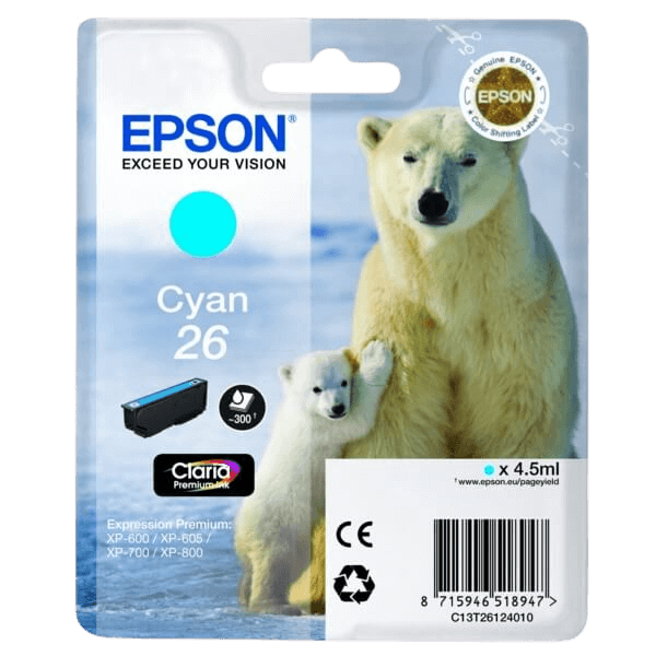 Epson Original 26 C13T26124012 cyan blækpatron | Indhold: 4,5 ml.