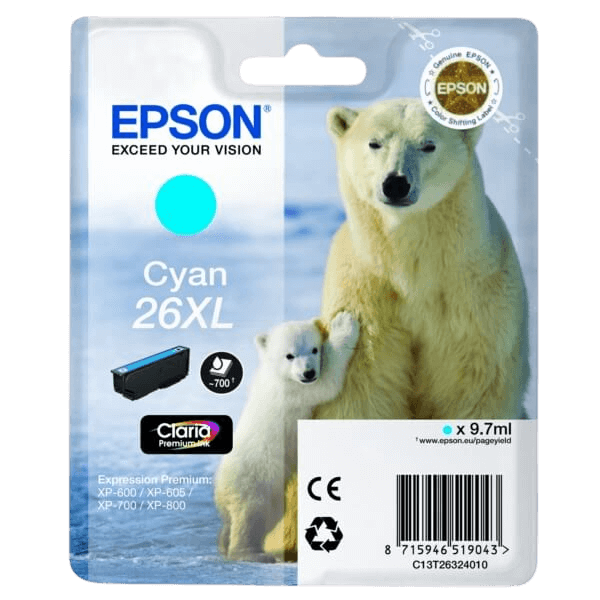 Epson Original 26 C13T26324012 XL cyan blækpatron | Indhold: 9,7 ml.