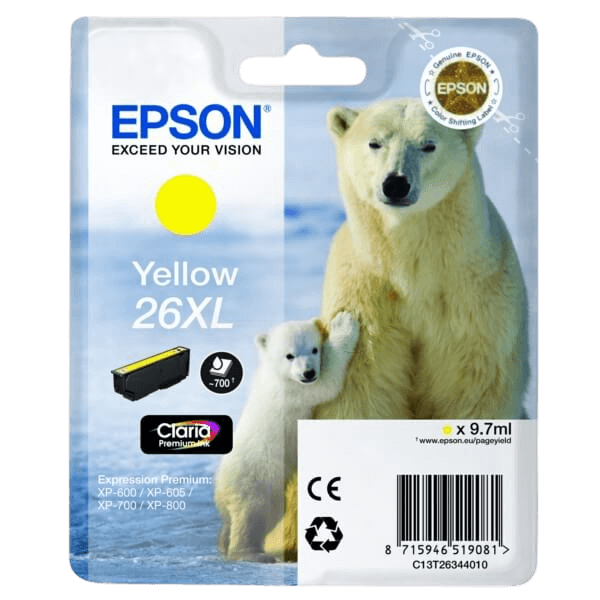 Epson Original 26 C13T26344012 XL gul blækpatron | Indhold: 9,7 ml.