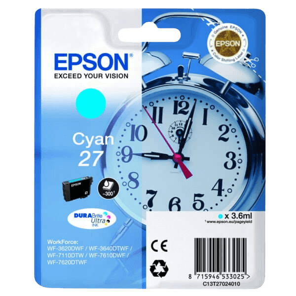 Epson Original 27 C13T27024012 cyan blækpatron | Indhold: 3.6 ml.