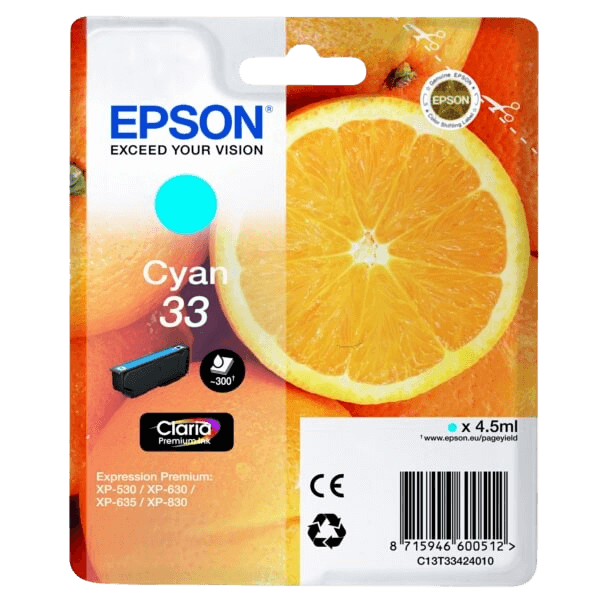 Epson Original 33 C13T33424012 cyan blækpatron | Indhold: 4,5 ml.