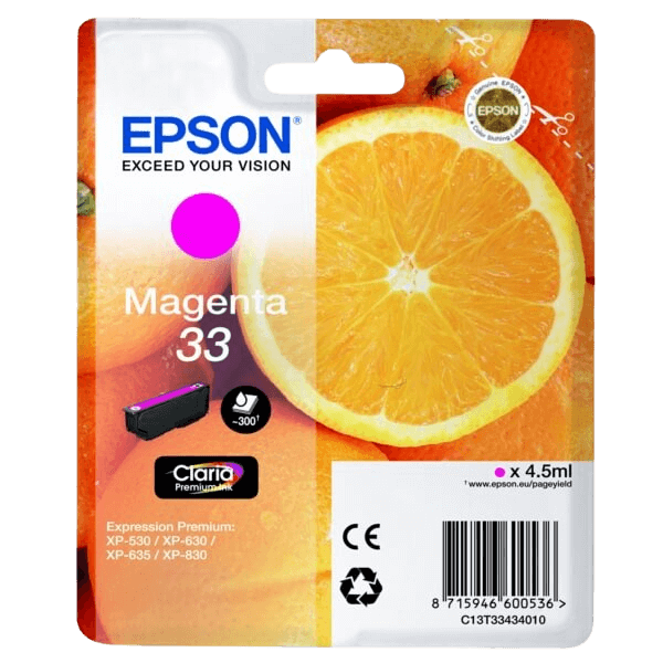 Epson Original 33 C13T33434012 magenta blækpatron | Indhold: 4,5 ml.