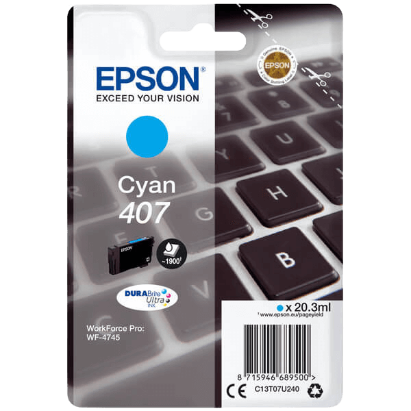 Epson Original 407 C13T07U240 cyan blækpatron | Indhold: 20,3 ml.