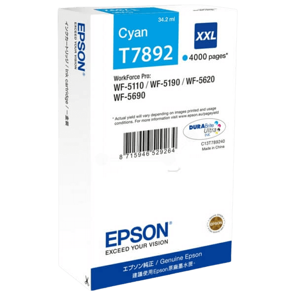 Epson Original T7892 C13T789240 XXL cyan blækpatron | Indhold: 34,2 ml.